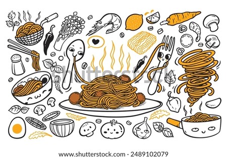 Noodle doodles, pasta spaghetti drawings vector