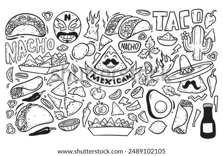 Taco and nacho doodles, mexican food