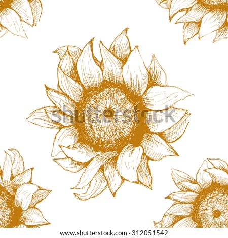 Hand drawn pattern of sunflowers. Flower sunflower with heart and rose. Pattern for packaging, advertising, and oil products from sunflower.