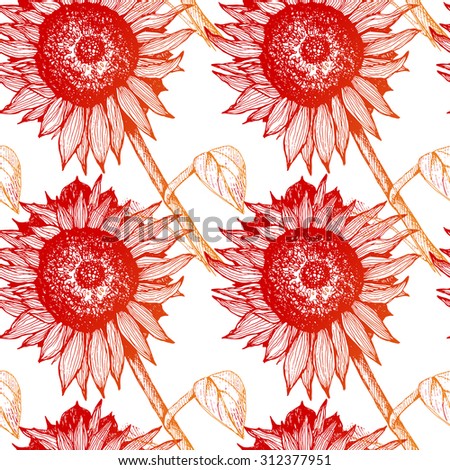 Hand drawn sunflowers. Sketch of a flower with a stem and leaves. For advertising, design, packaging. The pattern with sunflowers.