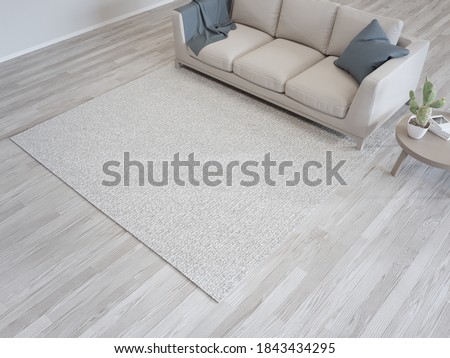 Carpet and sofa near white wall of bright living room in modern house or apartment. Home interior 3d rendering with parquet floor.
