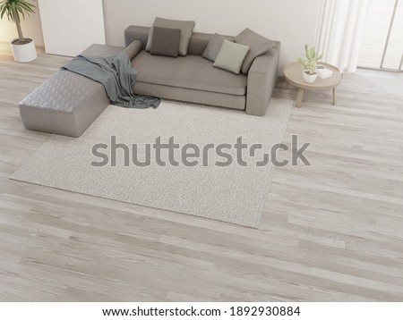 Carpet and sofa near white wall of bright living room in modern house or apartment. Home interior 3d rendering with parquet floor.