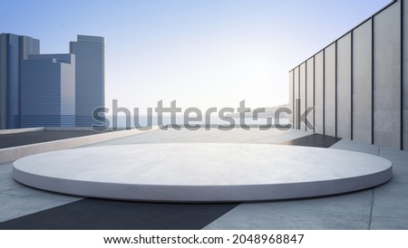 Empty concrete floor and round white podium. 3d rendering of sea view plaza with clear sky background.