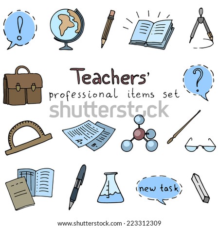 Teachers' professional items set, hand-drawn design elements, vector illustration with a set of teachers' items.