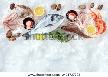 Similar – Image, Stock Photo Fresh fish on ice in wooden crates in front of a shop in Bursa, Turkey