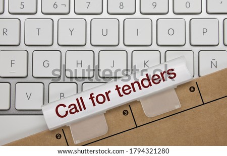 Call for Tenders Written on White Key of Metallic Keyboard. Finger pressing key. Stock foto © 