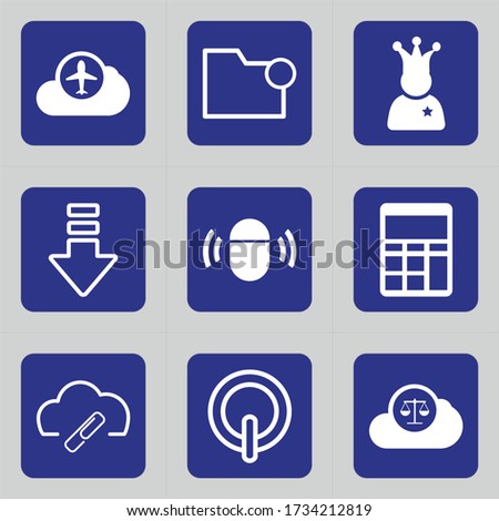 Set of 9 icons such as cloud, plane, flight, aircraft, airplane, folder, library, file, business