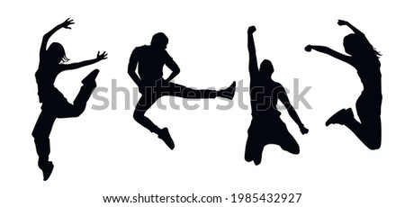 Black and white silhouette happy people jump. Dynamical concept design cover flyer poster leaflet banner label sport fitness club. Sportwear clothes. Vector cartoon illustration