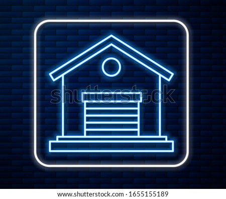 Glowing neon line Warehouse icon isolated on brick wall background.  Vector Illustration