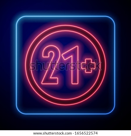 Glowing neon 21 plus icon isolated on blue background. Adult content icon.  Vector Illustration
