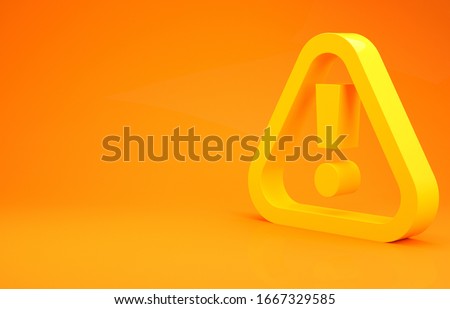 Yellow Exclamation mark in triangle icon isolated on orange background. Hazard warning sign, careful, attention, danger warning important. Minimalism concept. 3d illustration 3D render