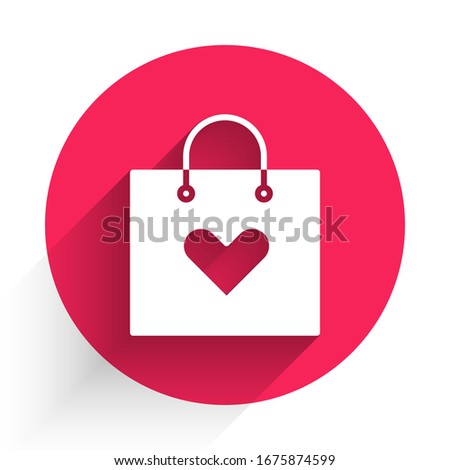 White Shopping bag with heart icon isolated with long shadow. Shopping bag shop love like heart icon. Valentines day symbol. Red circle button. Vector Illustration