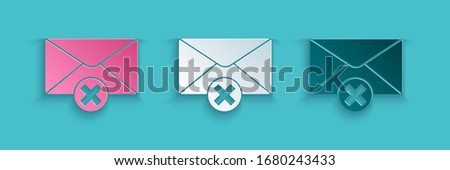 Paper cut Delete envelope icon isolated on blue background. Delete or error letter. Cross on message. Rejected mail. Paper art style. Vector Illustration