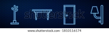 Set line Closed door, Coat stand, Wooden table and Wall sconce. Glowing neon icon on brick wall. Vector