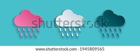 Paper cut Cloud with rain icon isolated on blue background. Rain cloud precipitation with rain drops. Paper art style. Vector