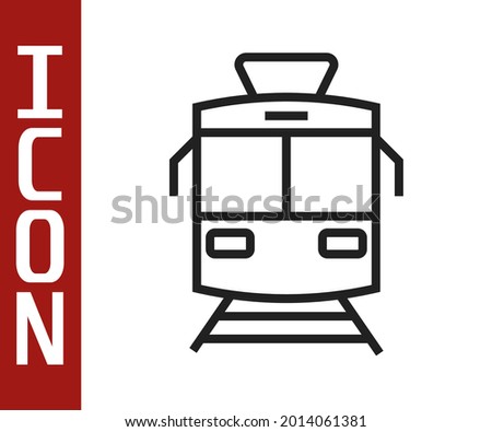 Black line Tram and railway icon isolated on white background. Public transportation symbol.  Vector