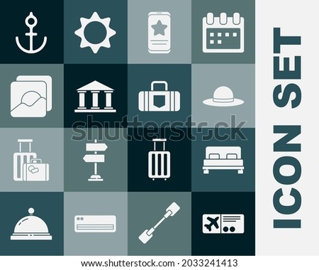 Set Airline ticket, Big bed, Elegant women hat, Mobile with review rating, Museum building, Photo, Anchor and Suitcase icon. Vector