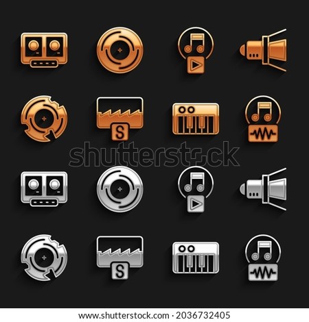 Set Music wave equalizer, Movie spotlight, note, tone, synthesizer, Vinyl disk, Play square, DJ remote and mixing music and  icon. Vector