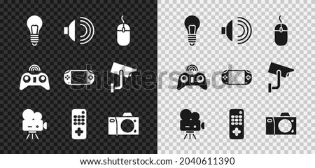 Set Light bulb with concept of idea, Speaker volume, Computer mouse, Retro cinema camera, Remote control, Photo, Wireless gamepad and Portable video console icon. Vector