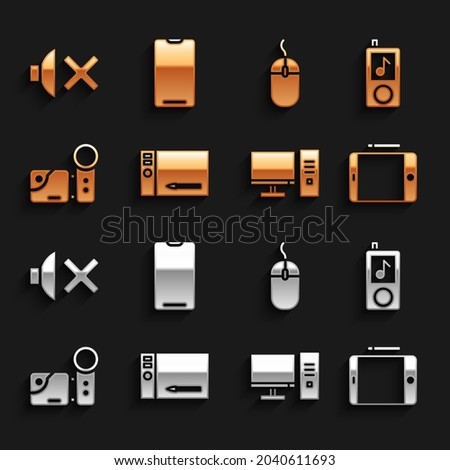 Set Graphic tablet, Music player, Computer monitor, Cinema camera, mouse, Speaker mute and Smartphone, mobile phone icon. Vector