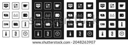 Set Coffee cup, Signboard with text Hotel, Airline ticket, Online hotel booking, Wallet, Money exchange, Lighthouse and  icon. Vector