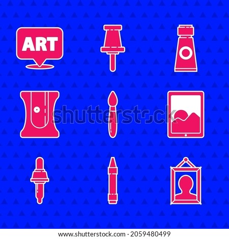 Set Paint brush, Wax crayons for drawing, Picture, Graphic tablet, Pipette, Pencil sharpener, Tube with paint palette and Speech bubble text art icon. Vector