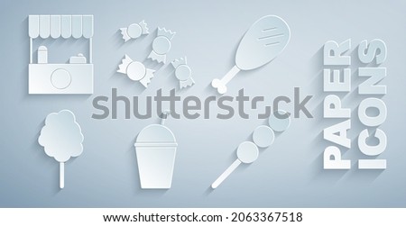 Set Milkshake, Chicken leg, Cotton candy, Meatballs wooden stick, Candy and Street stall with awning icon. Vector