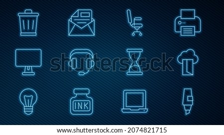 Set line Marker pen, Cloud database, Office chair, Headphones, Computer monitor, Trash can, Old hourglass and Mail and e-mail icon. Vector