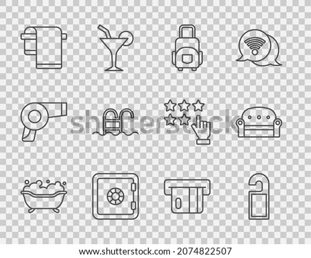 Set line Bathtub, Please do not disturb, Suitcase, Safe, Towel on hanger, Swimming pool, Credit card and Sofa icon. Vector