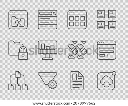 Set line Folder tree, Cloud technology data transfer, Browser files, Filter setting, Broken, Monitor with graph chart, File document and window icon. Vector