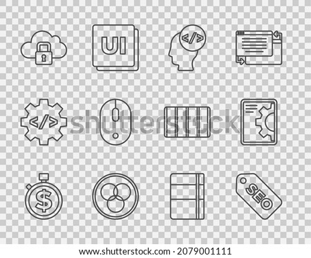 Set line Time is money, SEO optimization, Front end development, RGB and CMYK color mixing, Cloud computing lock, Computer mouse, Sketchbook album and Web icon. Vector