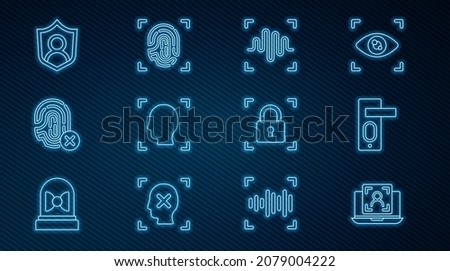 Set line Laptop with face recognition, Fingerprint door lock, Voice, Face, Rejection fingerprint, User protection,  and  icon. Vector