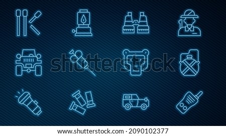 Set line Walkie talkie, Canteen water bottle, Binoculars, Syringe, Off road car, Matches, Monkey and Camping lantern icon. Vector