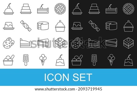 Set line Pudding custard, Brownie chocolate cake, Cake, Cherry cheesecake, Candy,  and  icon. Vector