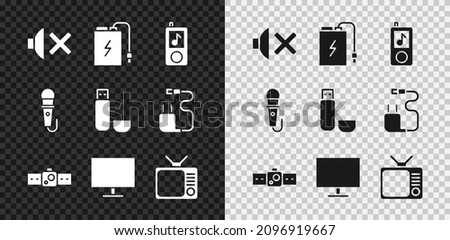 Set Speaker mute, Power bank with charge cable, Music player, Smartwatch, Computer monitor screen, Retro tv, Microphone and USB flash drive icon. Vector