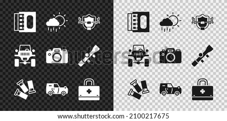 Set Matchbox and matches, Cloud with rain, Deer antlers on shield, Cartridges, Off road car, First aid kit,  and Photo camera icon. Vector