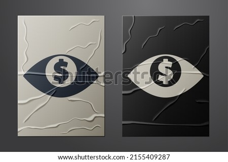White Eye with dollar icon isolated on crumpled paper background. Paper art style. Vector