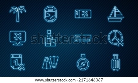 Set line Suitcase, Clock with airplane, Airline ticket, Whiskey bottle and glass, Speech bubble, Tropical palm tree, conditioner and Airplane window icon. Vector