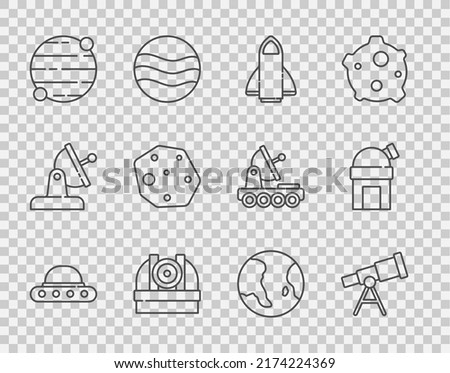 Set line UFO flying spaceship, Telescope, Rocket, Astronomical observatory, Planet, Asteroid, Earth globe and  icon. Vector