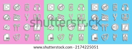 Set line Stereo speaker, Music note, tone, Computer with music, player, Radio antenna, Vinyl disk, Play square and Musical tuning fork icon. Vector