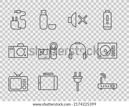 Set line Retro tv, Router and wi-fi signal, Speaker mute, Graphic tablet, Charger, Cinema camera, Electric plug and Vinyl player icon. Vector