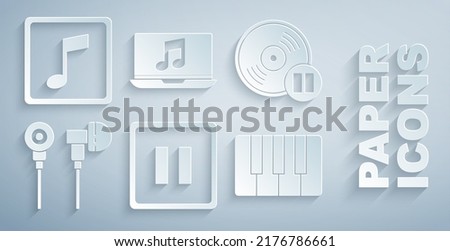 Set Pause button, Vinyl disk, Air headphones, Music synthesizer, Laptop with music note and note, tone icon. Vector