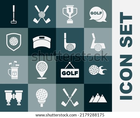 Set Mountains, Golf ball, club with, Award cup golf, Sun visor cap, shield,  and  icon. Vector