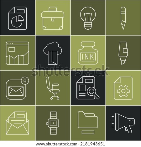 Set line Megaphone, Document settings, Marker pen, Light bulb, Cloud database, Graph chart infographic, with and Inkwell icon. Vector
