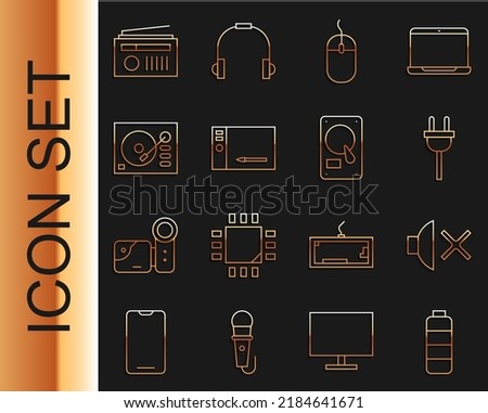 Set line Battery charge level indicator, Speaker mute, Electric plug, Computer mouse, Graphic tablet, Vinyl player, Radio with antenna and Hard disk drive HDD icon. Vector