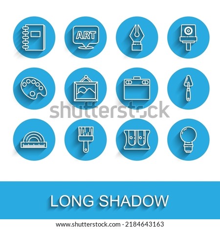 Set line Protractor, Paint brush, Spiral notebook, Pencil sharpener, Light bulb, Picture landscape, Palette knife and Graphic tablet icon. Vector