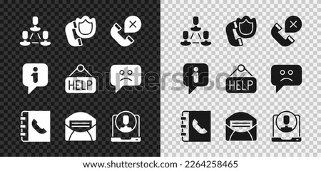 Set Employee hierarchy, Telephone handset with shield, Declined or missed call, Phone book, Mail e-mail, 24 hours support, Information and Signboard text Help icon. Vector