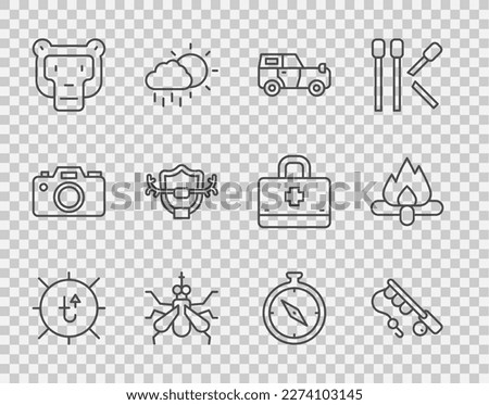 Set line Sun, Fishing rod, Off road car, Mosquito, Monkey, Deer antlers shield, Compass and Campfire icon. Vector