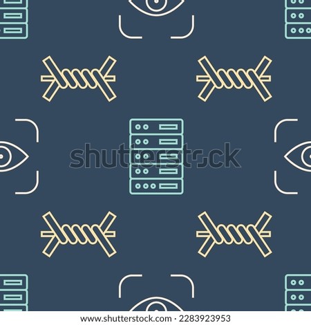 Set line Eye scan, Barbed wire and Server, Data, Web Hosting on seamless pattern. Vector