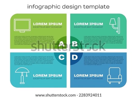 Set line Table lamp, Picture frame on table, Armchair and Wall sconce. Business infographic template. Vector